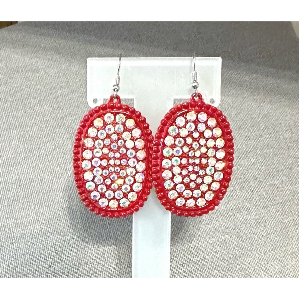 Red Rhinestone Statement Dangle Earrings - Picture 2 of 2